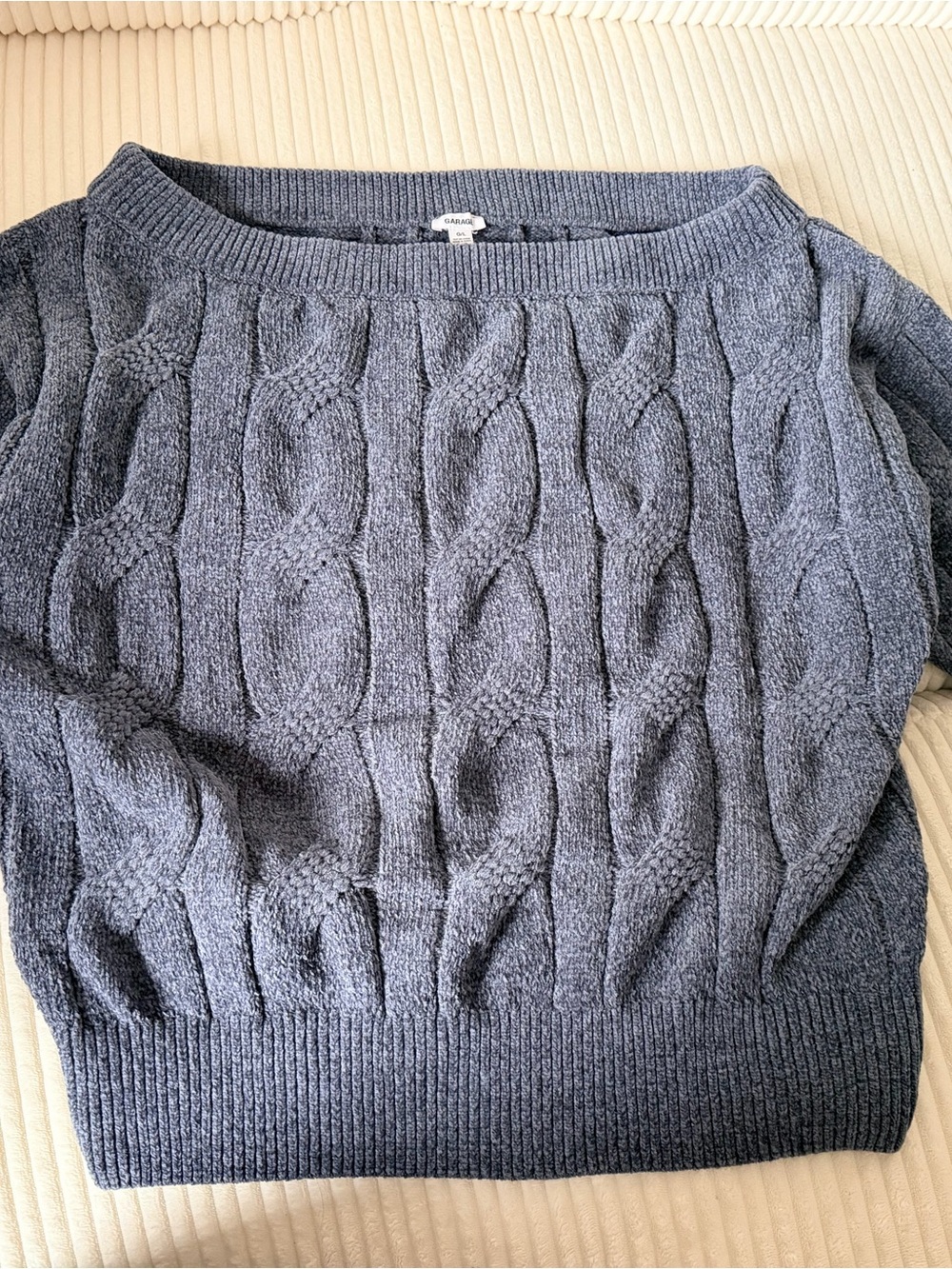 Garage Off-the-Shoulder Cable Knit Sweater in Charcoal Gray